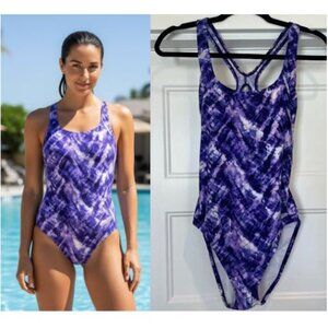 NWOT Speedo Women Size 12 Purple/White Tie Dye One Piece Swimsuit